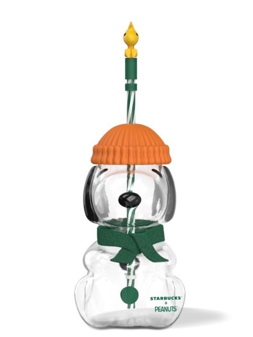 Starbucks Clear Snoopy Treat Dispenser with Orange Hat and Green Scarf